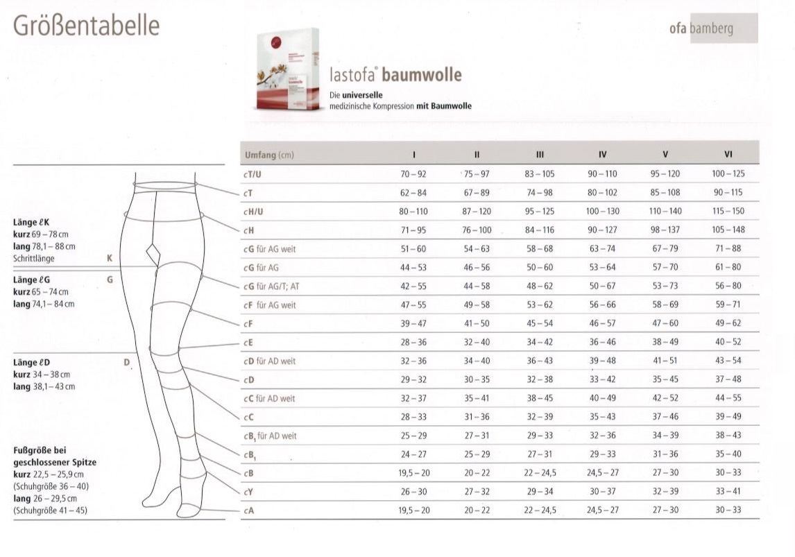 Lastofa mit Baumwolle Größentabelle